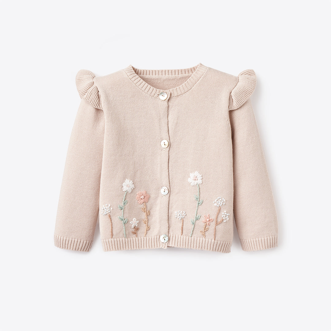 Taupe Flutter Sleeve Hand-Embroidered Baby Cardigan – Elegant Baby