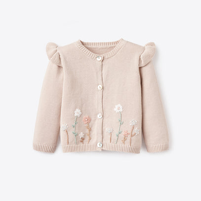 Taupe Flutter Sleeve Hand-Embroidered Baby Cardigan