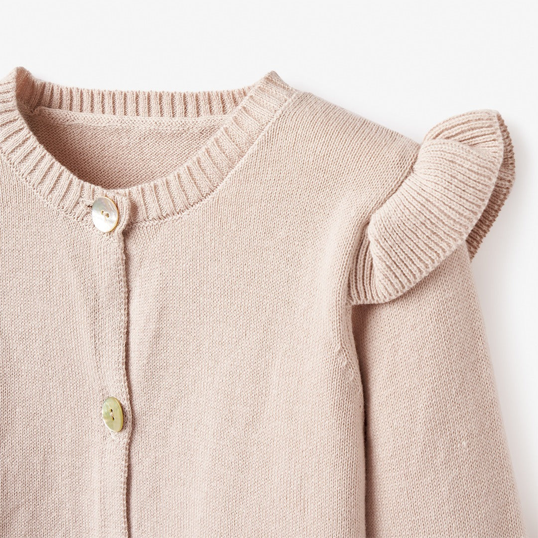 Taupe Flutter Sleeve Hand-Embroidered Baby Cardigan
