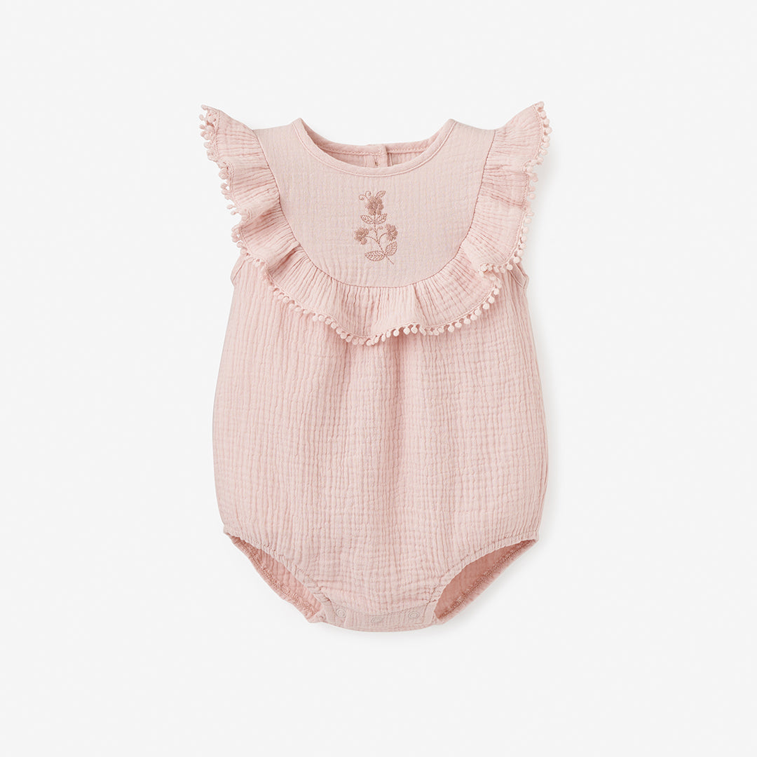 Pink Floral Embroidered Organic Muslin Bubble Romper