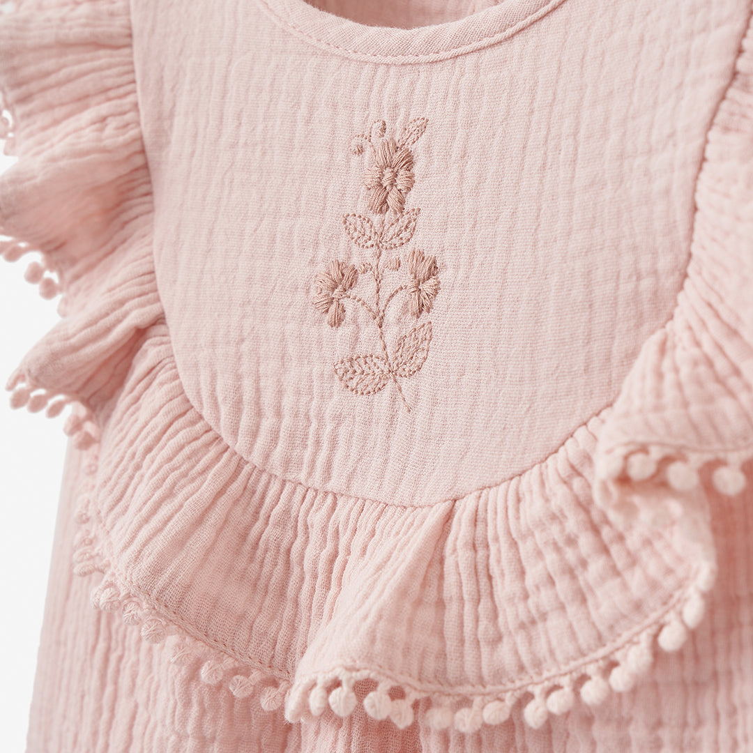 Pink Floral Embroidered Organic Muslin Bubble Romper