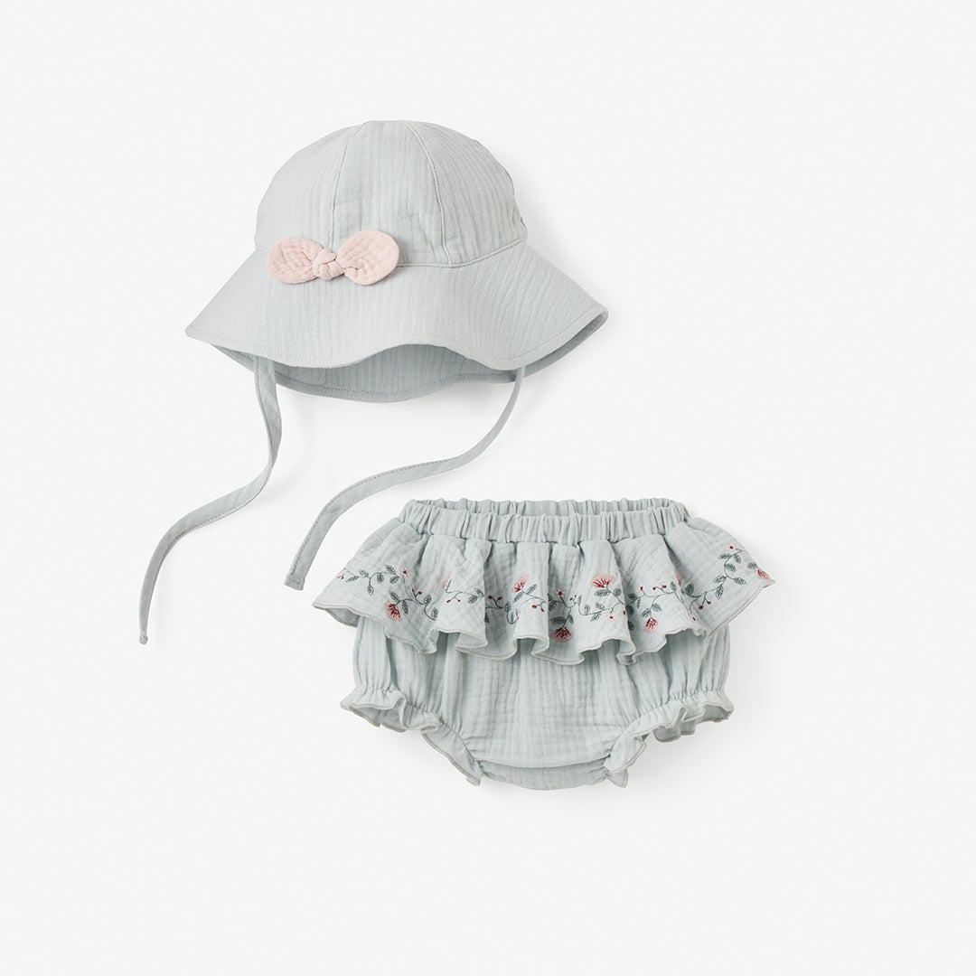 Aqua Embroidered Organic Muslin Sunhat + Bloomer Set