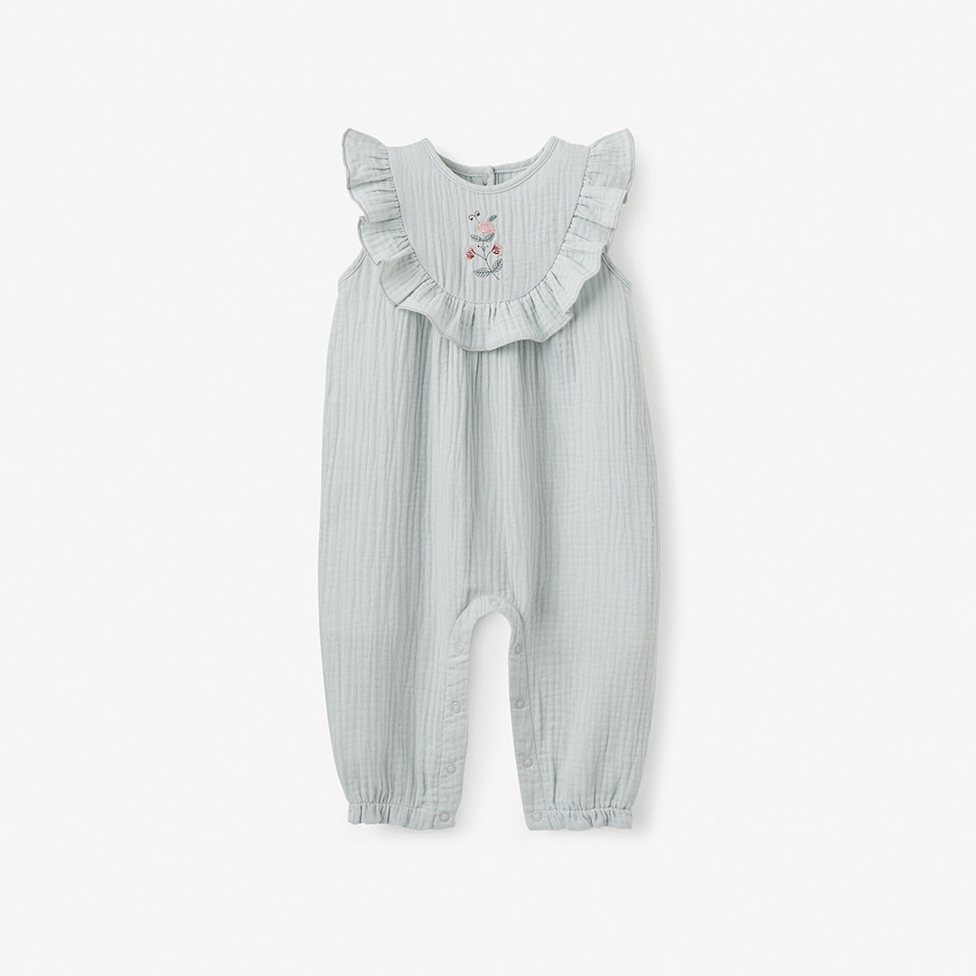 Aqua Embroidered Organic Muslin Flutter Jumpsuit