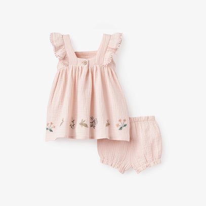 Blush Pink Garden Picnic Embroidered Organic Muslin Dress w/ Bloomer