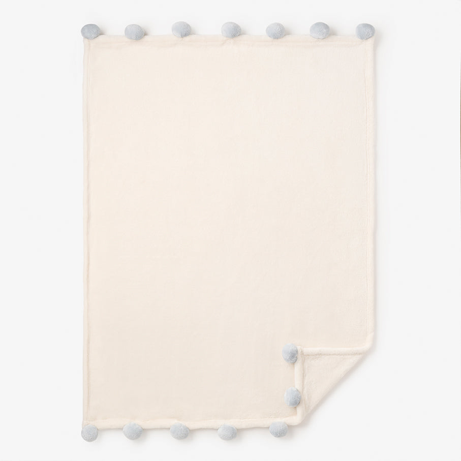 Pale Blue Pom Trim Fleece Baby Stroller Blanket