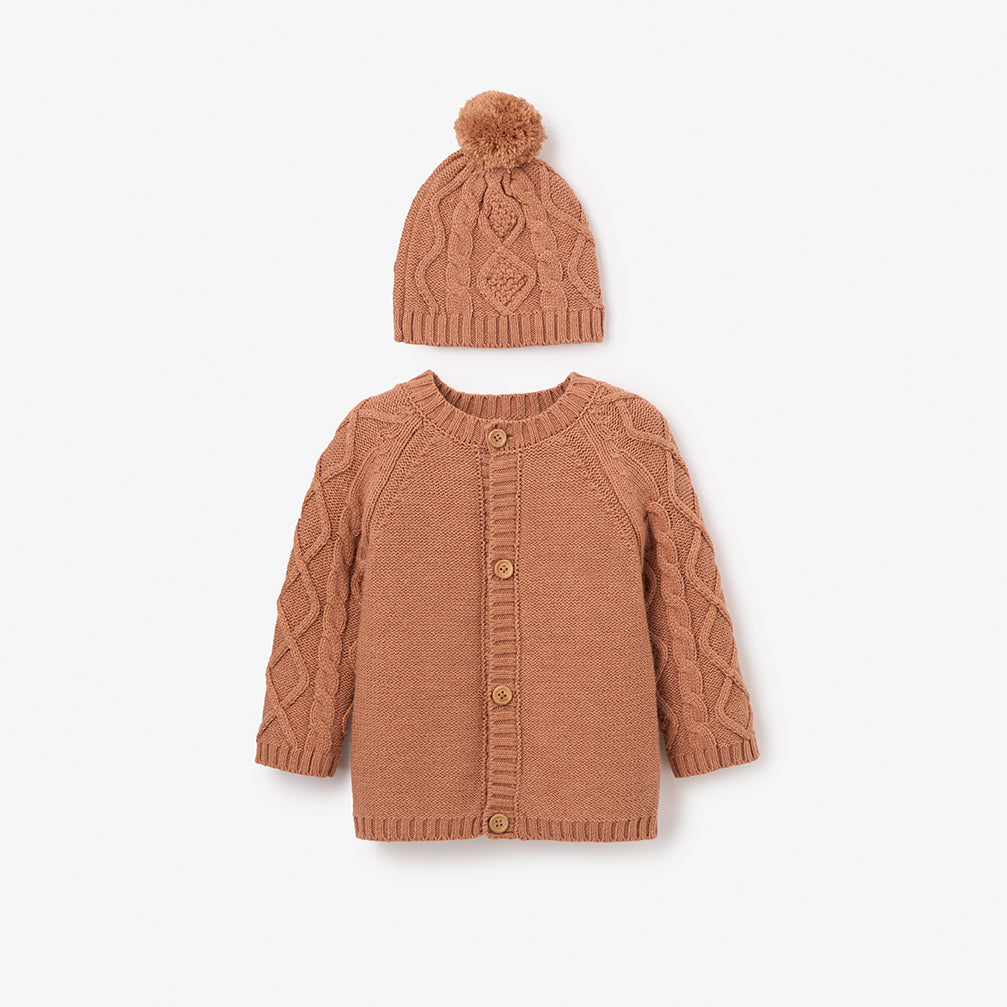 Rust Chunky Diamond Cable Cardigan & Hat Set