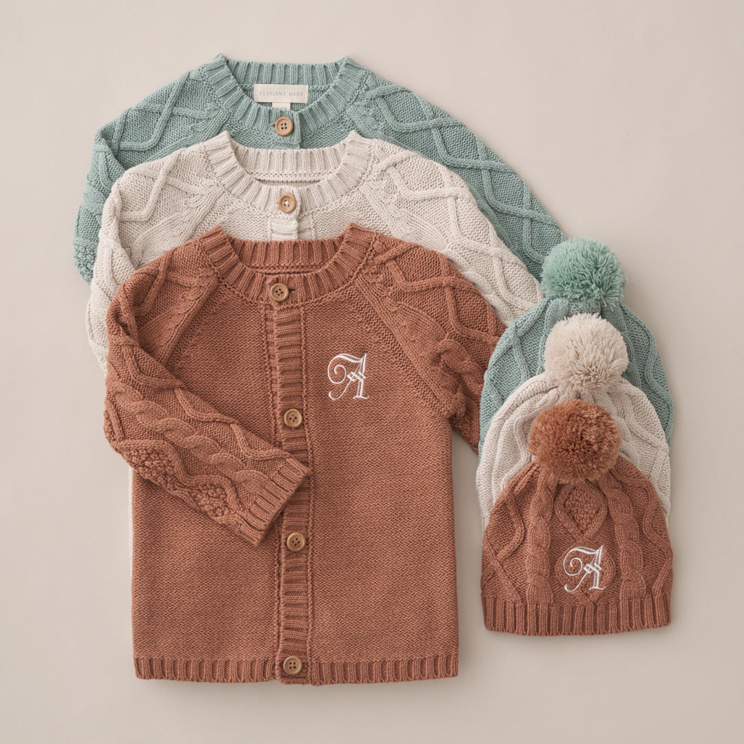 Rust Chunky Diamond Cable Cardigan & Hat Set