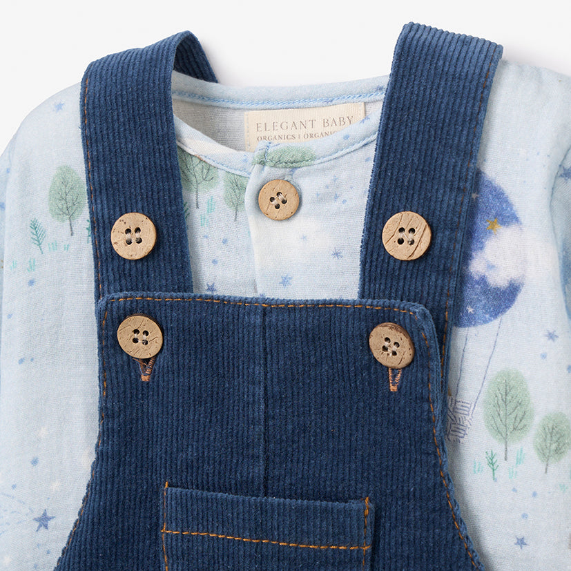 Magical Adventure Muslin Print Top & Corduroy Overalls