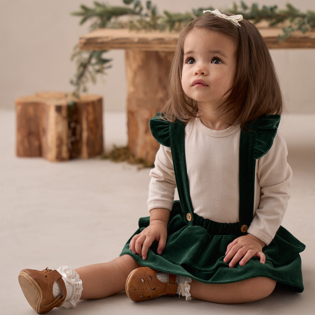 Green Velvet Ruffle Bloomer with Straps & Bodysuit