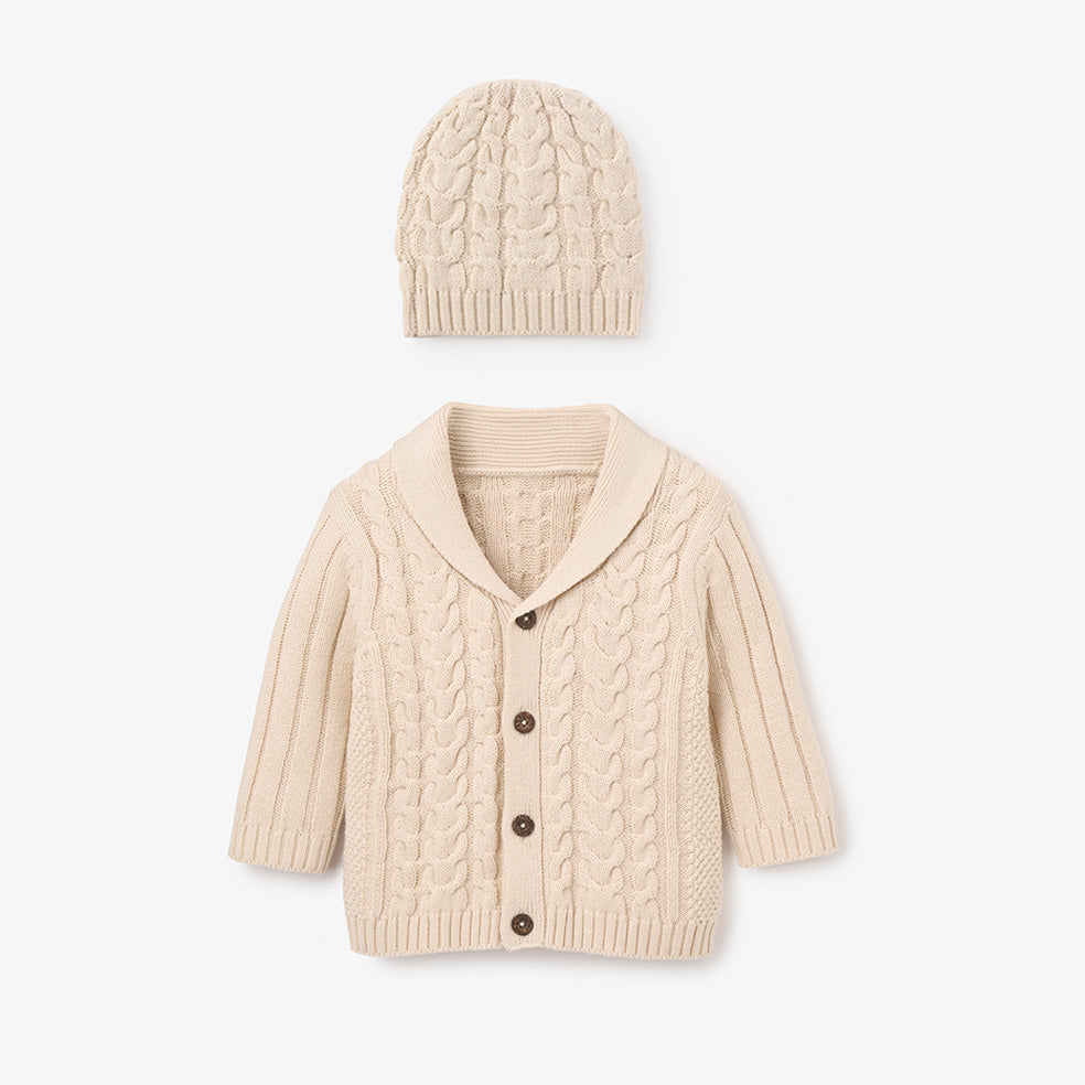 Wheat Horseshoe Cable Knit Cardigan & Hat Baby Boxed Gift Set