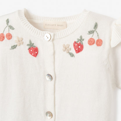 Strawberry Flutter Sleeve Hand-Embroidered Baby Cardigan