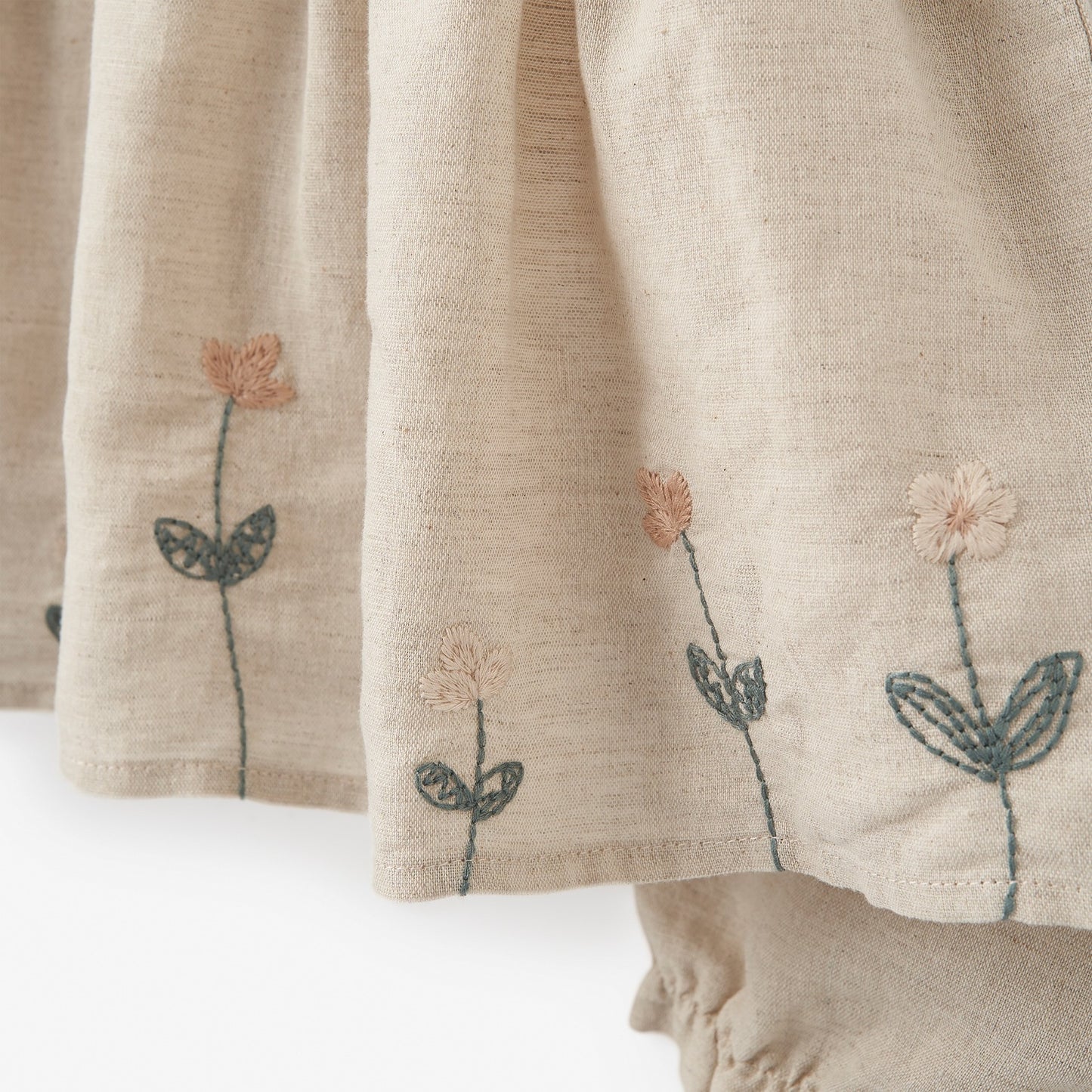 Natural Linen Floral Embroidered Dress w/ Bloomer