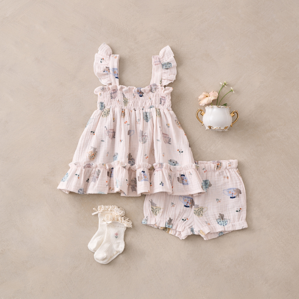 Tea Party Organic Muslin Smocked Dress w/ Bloomer