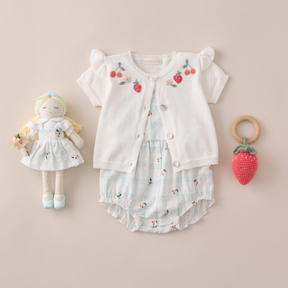 Strawberry Flutter Sleeve Hand-Embroidered Baby Cardigan