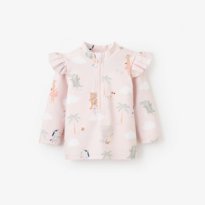 Pale Pink Flutter Sleeve Seaside Safari Baby Rash Guard
