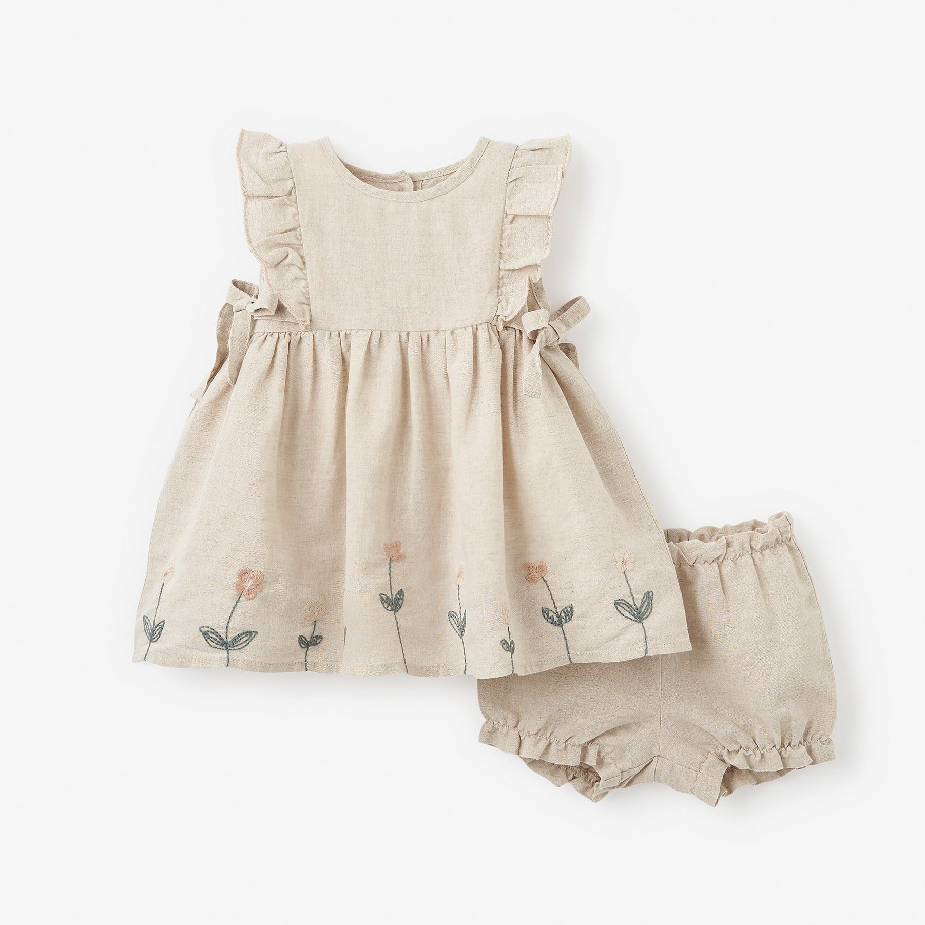 Natural Linen Floral Embroidered Dress w/ Bloomer – Elegant Baby