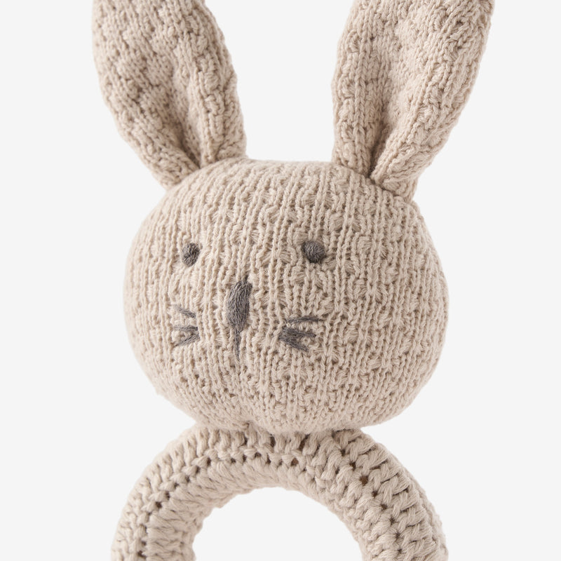 Taupe Knit Cotton Bunny Ring Rattle