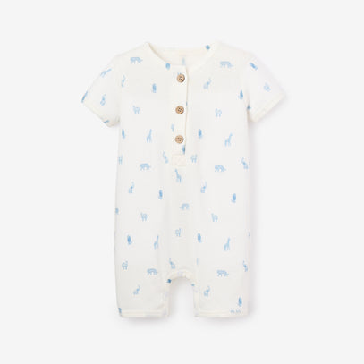 Blue Safari Print Organic Cotton Pointelle Baby Romper
