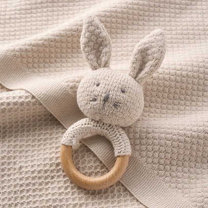 Taupe Textured Knit Blanket + Bunny Ring Rattle Gift Set