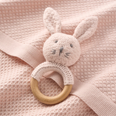 Blush Textured Knit Blanket + Bunny Ring Rattle Gift Set