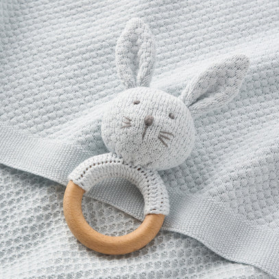 Pale Blue Textured Knit Blanket + Bunny Ring Rattle Gift Set
