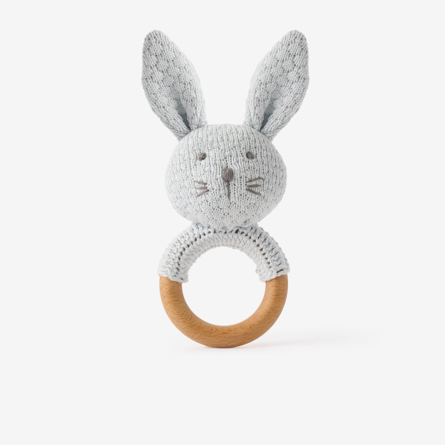Pale Blue Textured Knit Blanket + Bunny Ring Rattle Gift Set