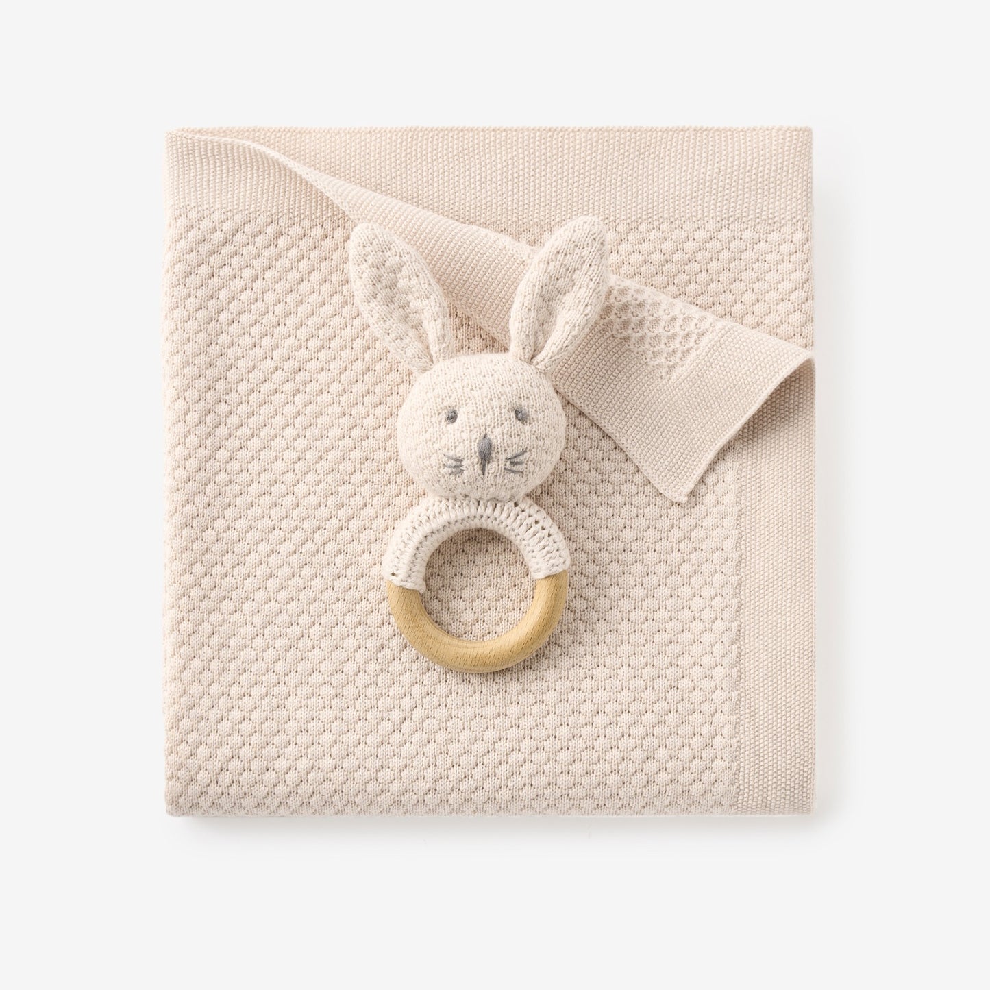 Taupe Textured Knit Blanket + Bunny Ring Rattle Gift Set