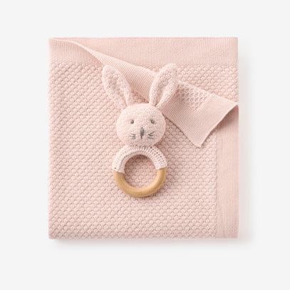 Blush Textured Knit Blanket + Bunny Ring Rattle Gift Set