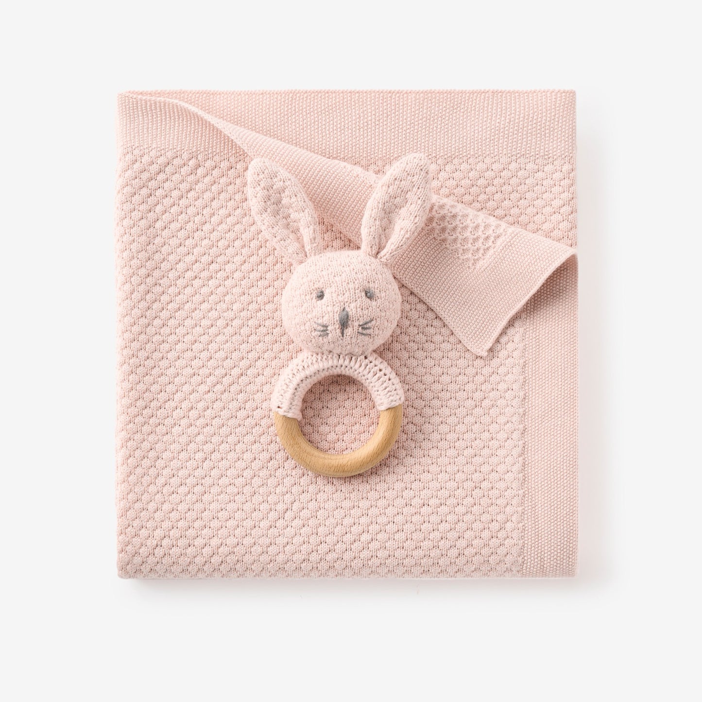 Blush Textured Knit Blanket + Bunny Ring Rattle Gift Set