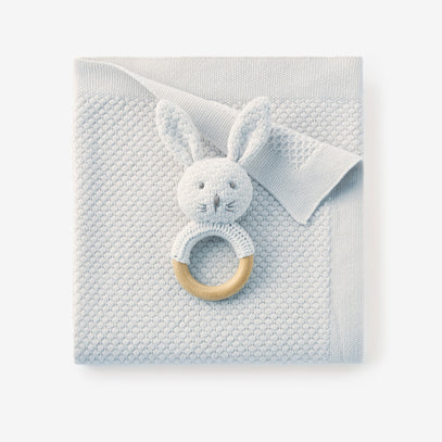Pale Blue Textured Knit Blanket + Bunny Ring Rattle Gift Set