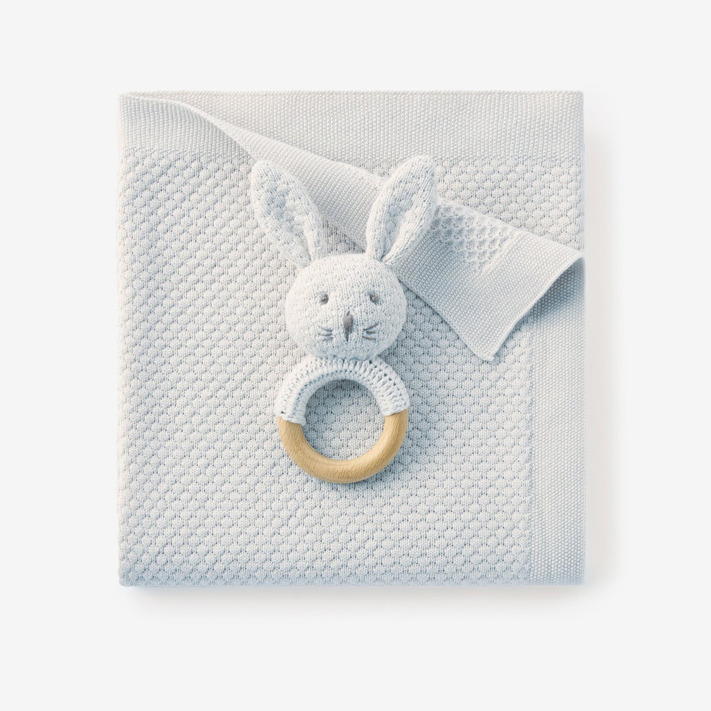 Pale Blue Textured Knit Blanket + Bunny Ring Rattle Gift Set