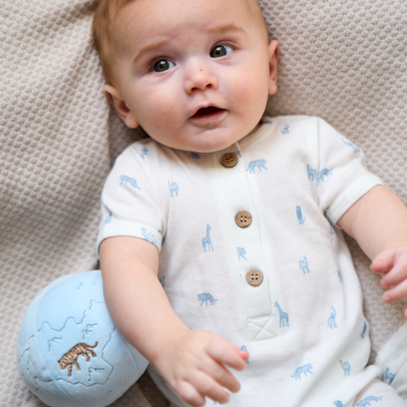 Blue Safari Print Organic Cotton Pointelle Baby Romper