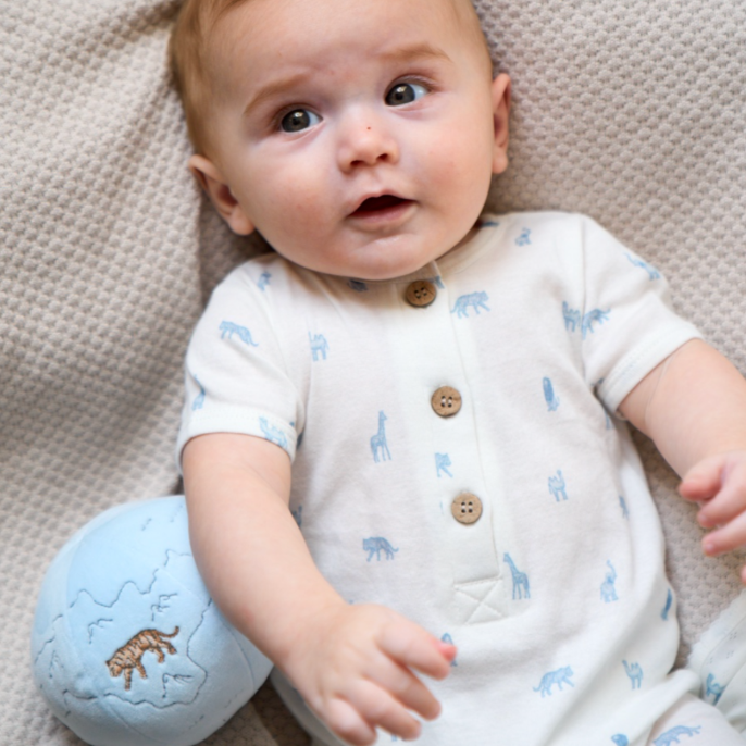 Blue Safari Print Organic Cotton Pointelle Baby Romper