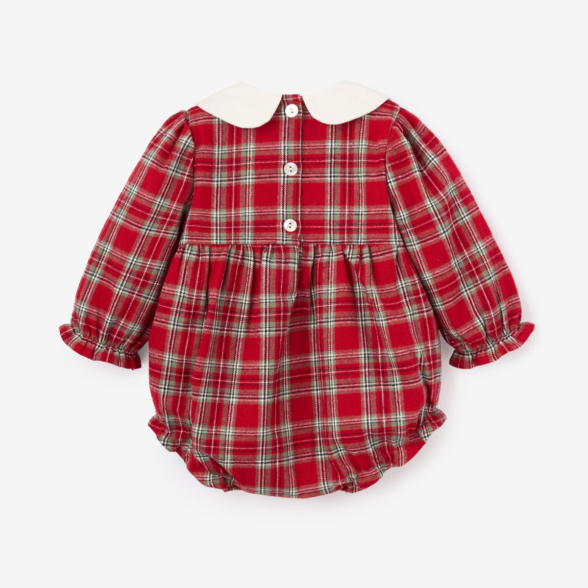 zoomed in Holiday Red Tartan Bubble w/ Embroidered Collar view 3