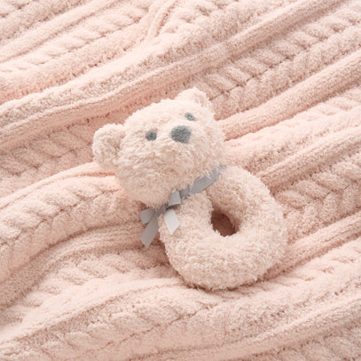 Pale Pink Cable Feather Knit Baby Blanket + Rattle Gift Set