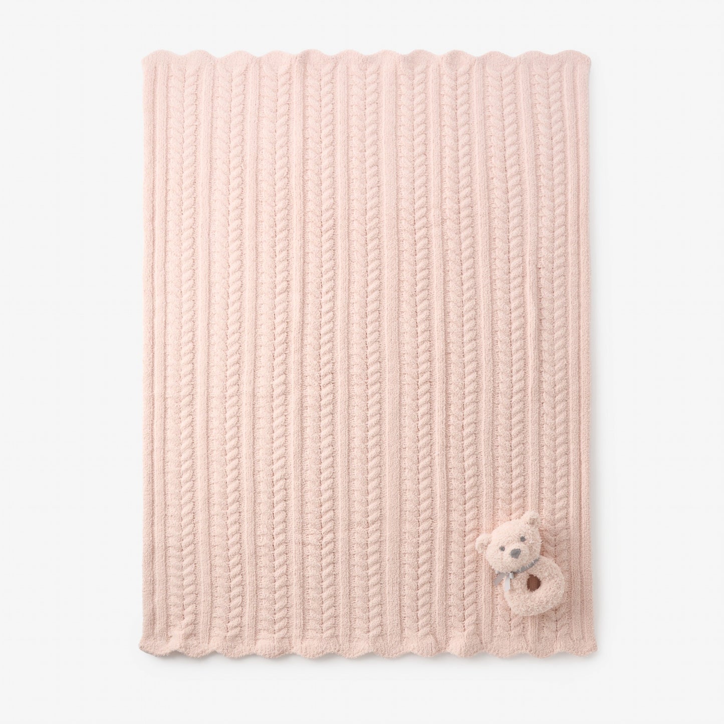 Pale Pink Cable Feather Knit Baby Blanket + Rattle Gift Set