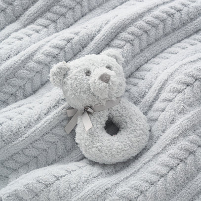 Pale Blue Cable Feather Knit Baby Blanket + Rattle Gift Set