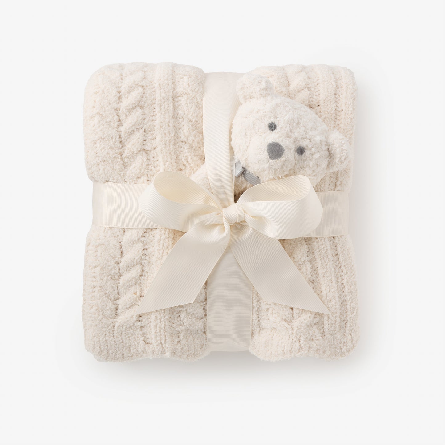 Cream Cable Feather Knit Baby Blanket + Rattle Gift Set