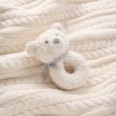 Cream Cable Feather Knit Baby Blanket + Rattle Gift Set