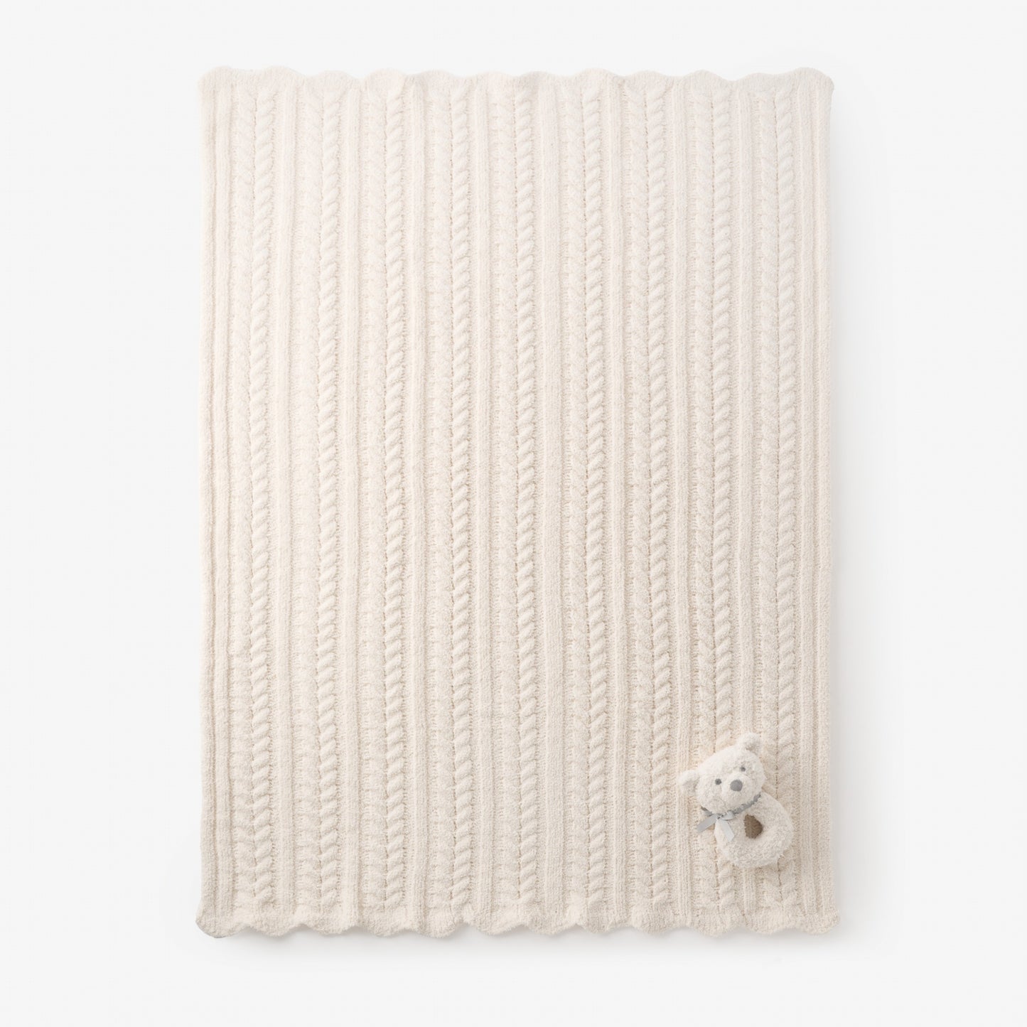 Cream Cable Feather Knit Baby Blanket + Rattle Gift Set