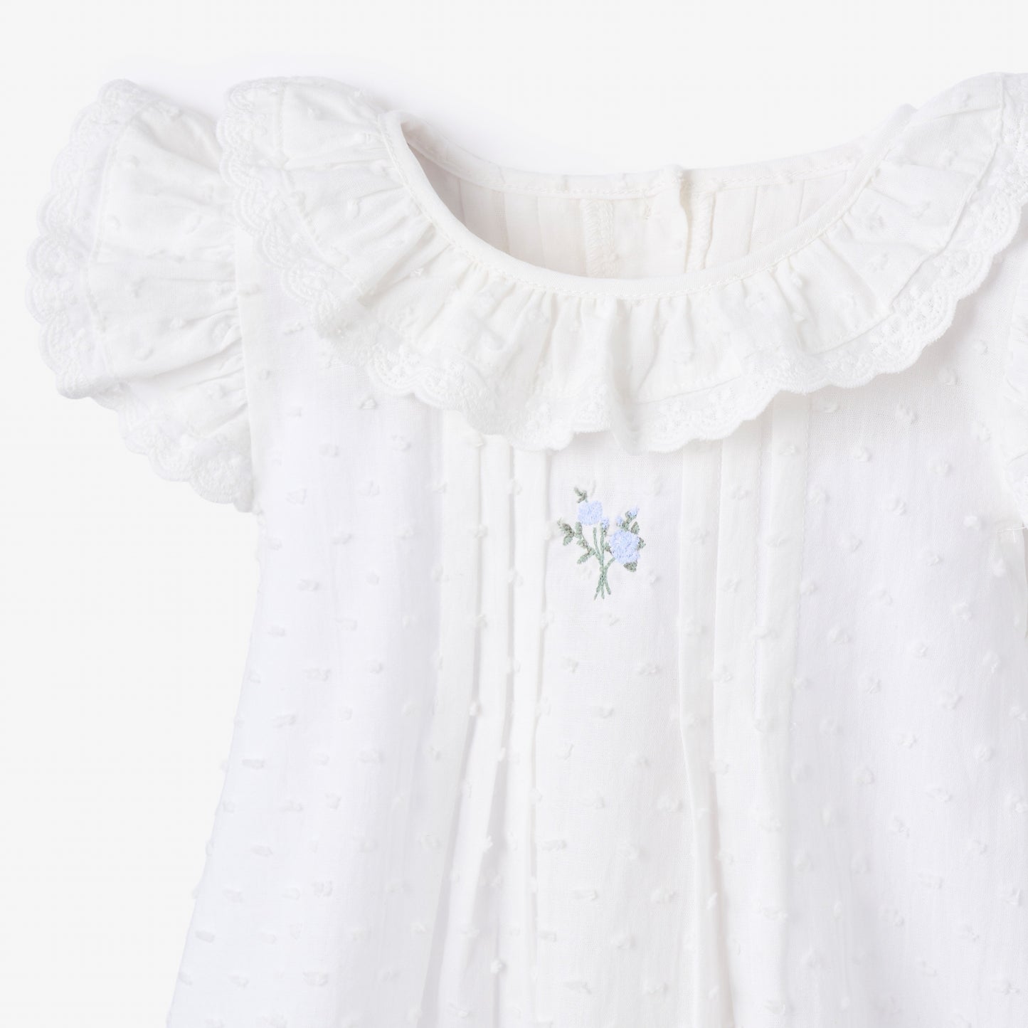 Swiss Dot Pintucked Dress w/ Rose Embroidery