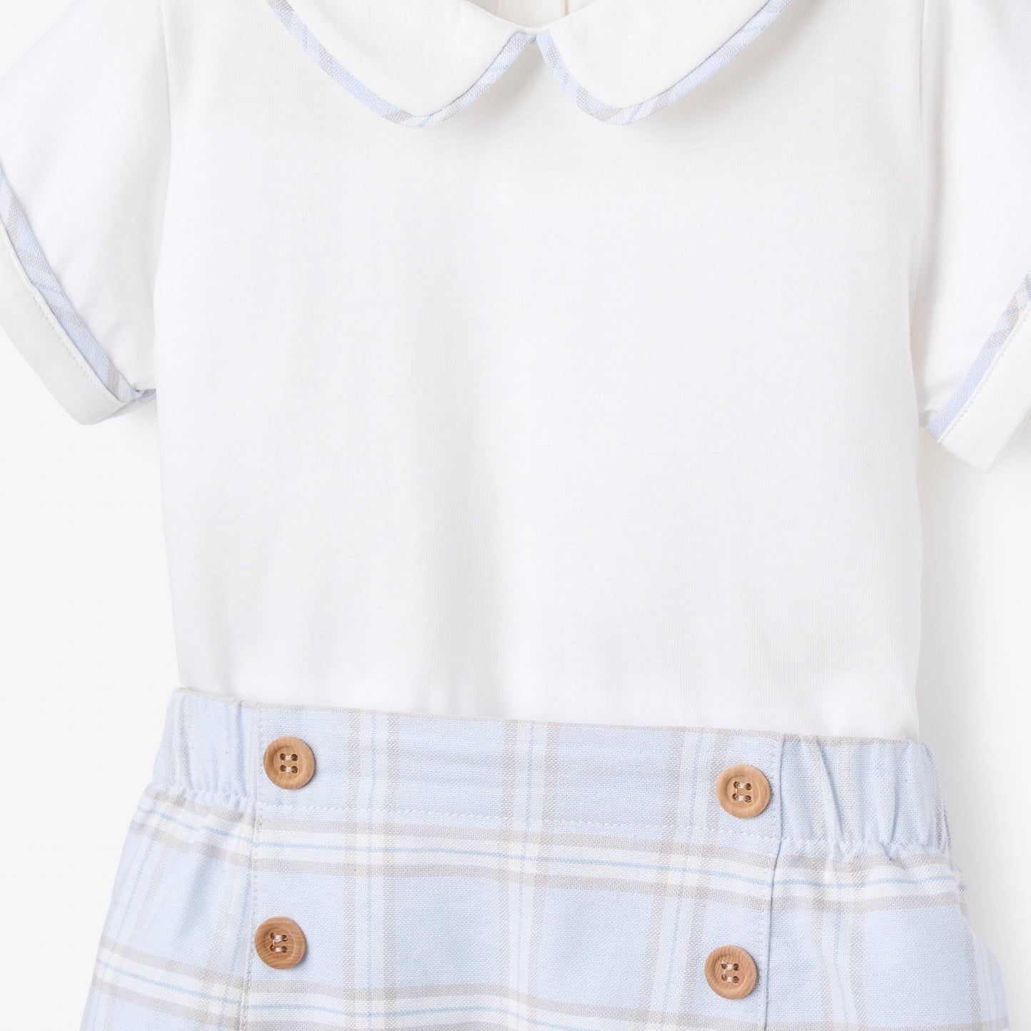 Blue Gray Plaid Trimmed Collar Bodysuit & Short Set