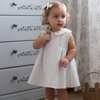 Blue Seersucker Embroidered Bunny Dress