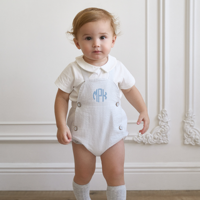 Blue Seersucker Overall Bubble + Collared Shirt