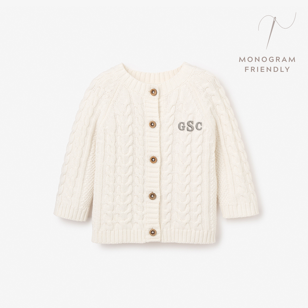 Whisper White Horseshoe Cable Knit Baby Cardigan – Elegant Baby