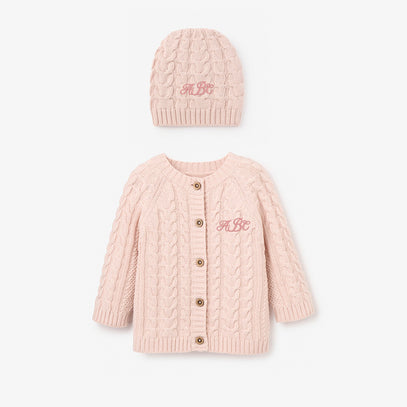 Pale Pink Horseshoe Cable Knit Cardigan & Hat Baby Boxed Gift Set