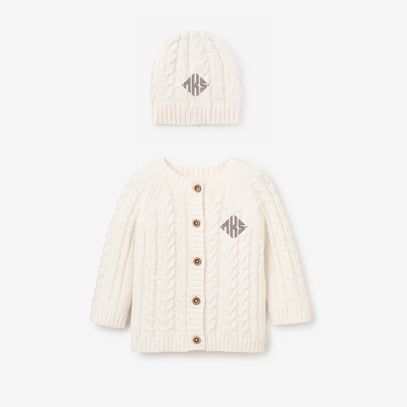Whisper White Horseshoe Cable Knit Cardigan & Hat Baby Boxed Gift Set