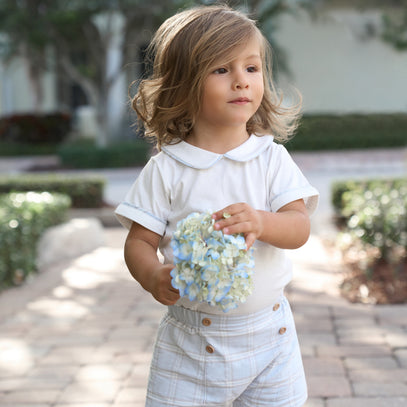 Blue Gray Plaid Trimmed Collar Bodysuit & Short Set