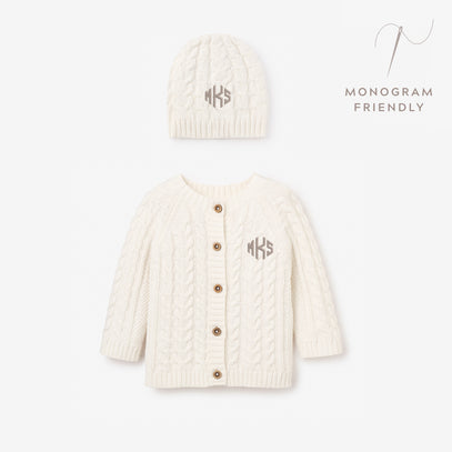 Whisper White Horseshoe Cable Knit Cardigan & Hat Baby Boxed Gift Set