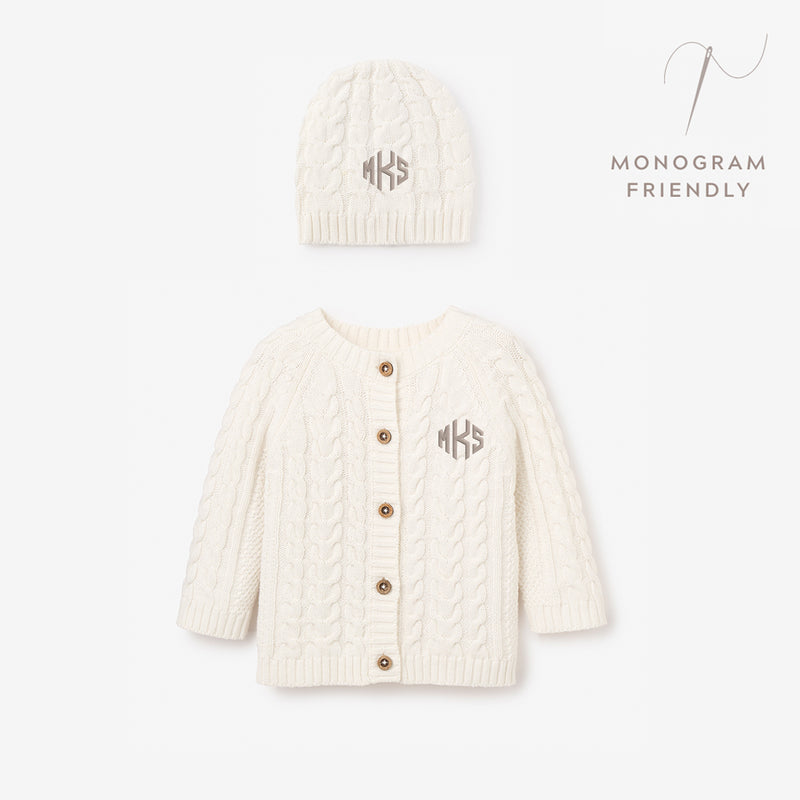 Whisper White Horseshoe Cable Knit Cardigan & Hat Baby Boxed Gift Set